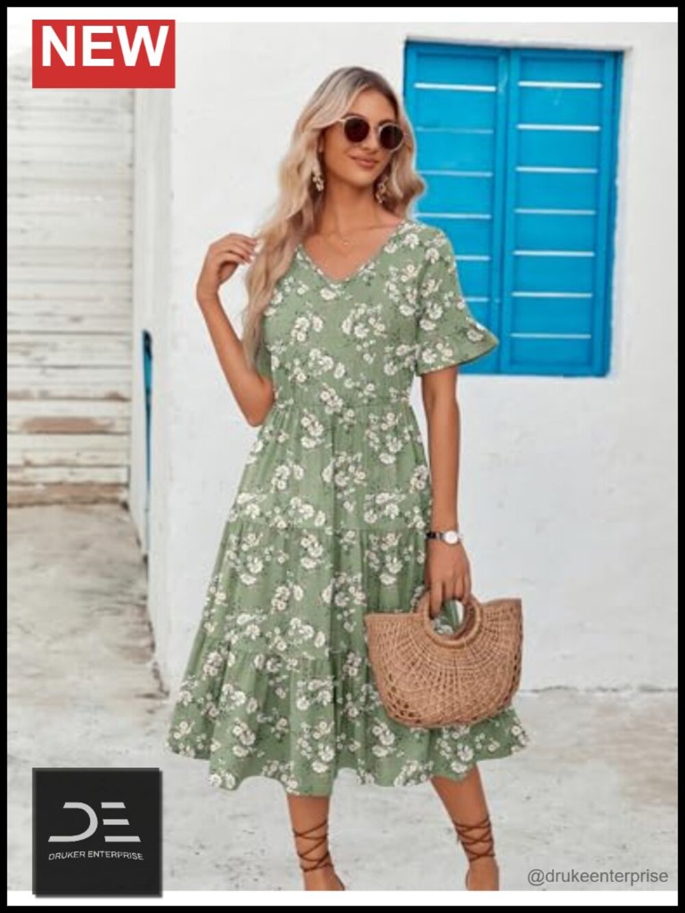 Women's Midi Casual Tiered Ruffle Short Sleeve Flowy Beach Dress with Pockets - Picture 2 of 6